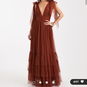 Chic Brown Maxi Dress with Tulle Details